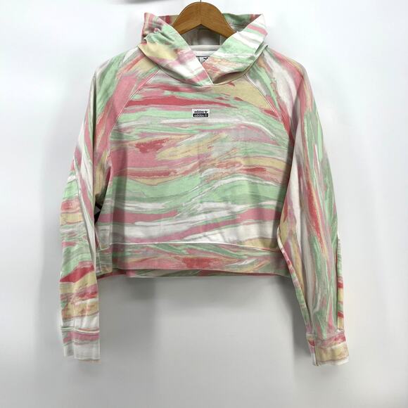 Adidas Cropped Fit Hooded Light Sweater Pink Green Multicolor Hoodie Large - Picture 1 of 7
